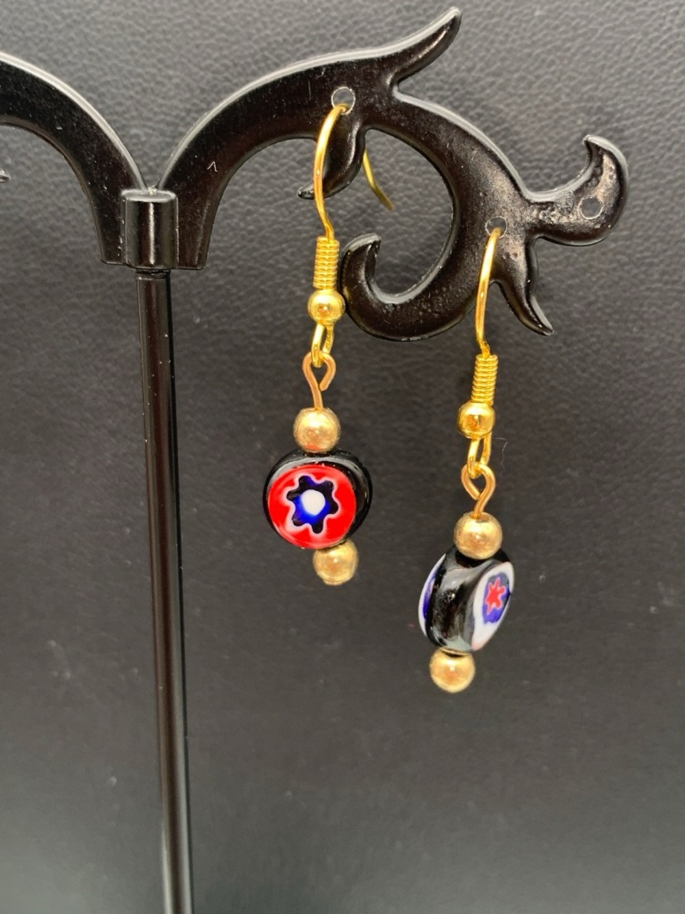 Dainty Gold-Tone Dangle Earrings with Red & Blue Millefiori Beads